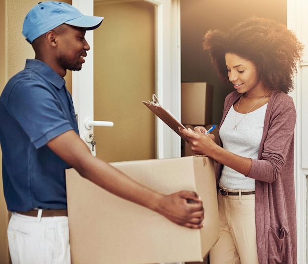 african delivery man woman signature box stock import documentation front door people courier writing with invoice clipboard package e commerce services apartment 590464 353066
