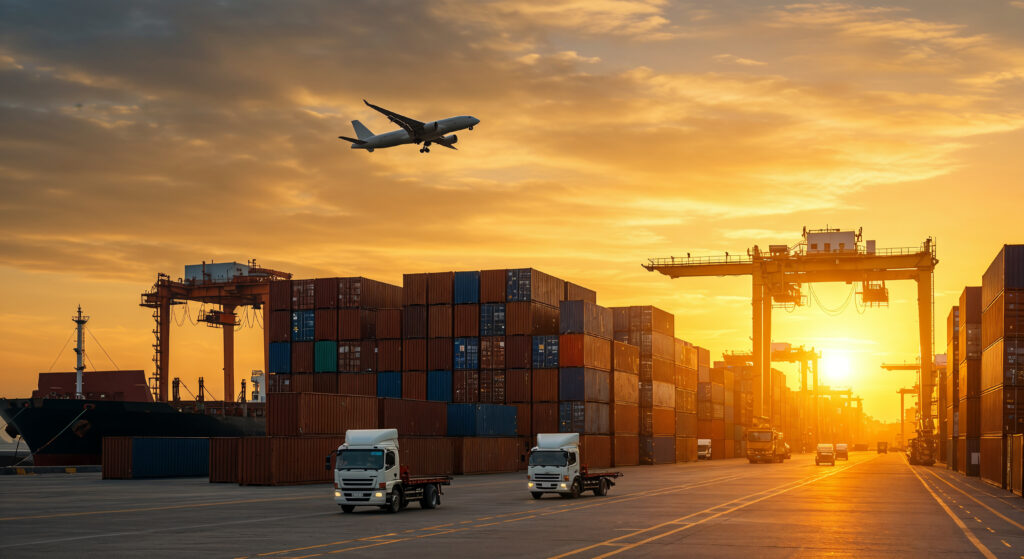 shipping port sunset cargo airplanes trucks