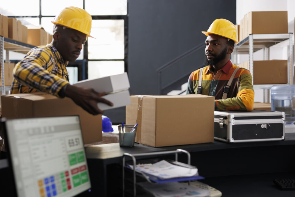warehouse employees putting boxes on desk ready for shipment